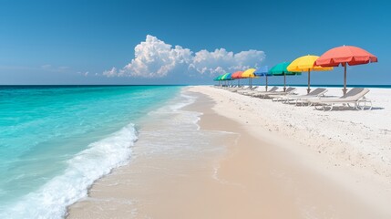 Aufkleber - Beach with a row of colorful umbrellas and chairs. The umbrellas are of different colors, and the chairs are arranged in a row. The beach is empty, and the sky is clear and blue