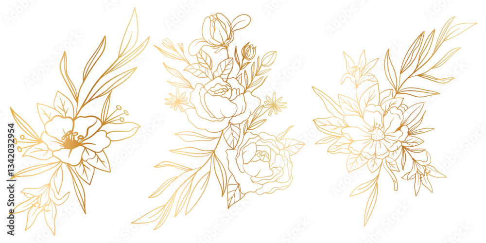 Gold floral background vector. Golden gradient Roses and peonies flower ...