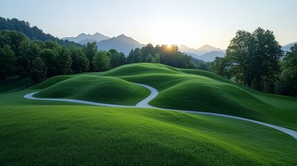 Poster - Beautiful green hillside with a winding path. The sun is setting in the background, casting a warm glow over the landscape. The scene is peaceful and serene, with the rolling hills