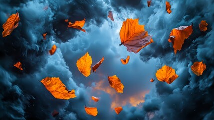 Aufkleber - Beautiful image of orange leaves falling from the sky on a cloudy day. The leaves are scattered all over the sky, creating a sense of freedom and movement