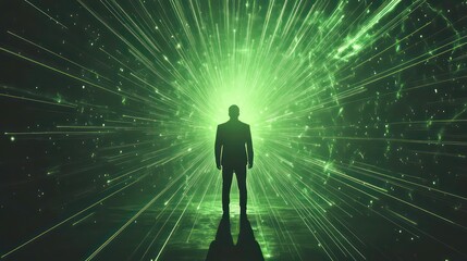 Wall Mural - bright green laser beams radiating from a central point on a dark green background. ideal for backgr