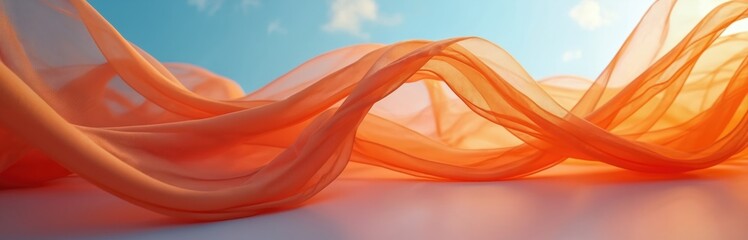 Aufkleber - Delicate orange fabric floats gently against sky. Sheer textile waves in breeze, creating soft, elegant curves. Light shines through translucent material, giving warm glow. Perfect for backgrounds,