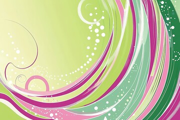 Poster - Abstract swirl art featuring pink green and white flowing lines and dotted accents