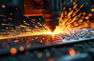 Poster - Metal cutting machine operates, sparks fly. Precision laser cuts sheet metal with intricate pattern. Industrial laser engraving, modern metalworking tech, automation. High precision production, metal