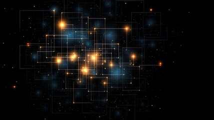 Poster - Black and orange background with many small squares and lines. The squares and lines are lit up with bright colors