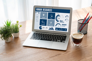 Poster - human resources management software on computer screen helping human resources employee to manage re
