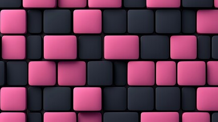 Fototapete - Wall made of pink and black squares, with a black and pink brick pattern. The wall is a striking contrast of colors