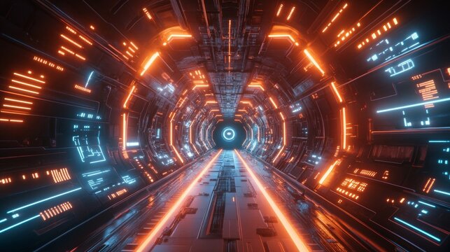 Futuristic Neon Tunnel with Orange and Blue Lights