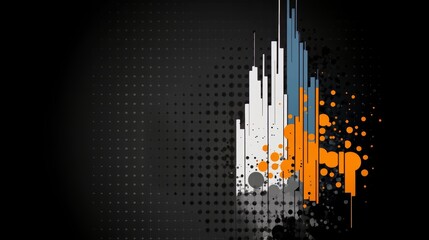 Aufkleber - Black and white abstract painting with splatters of orange and white. The painting is full of dots and lines, giving it a chaotic and energetic feel. The colors and shapes seem to be in motion