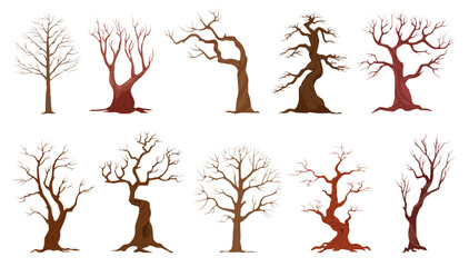 Cartoon naked trees. Old dead plants, scary forest elements, dry branches, spooky winter season wood without leaves, isolated elements, different shapes, decorative qualitative vector set