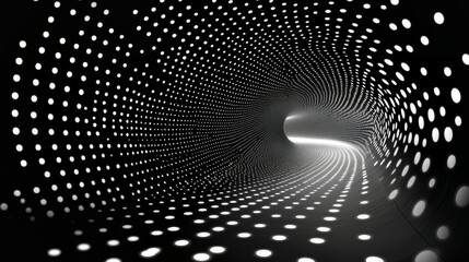 Poster - Black and white photo of a tunnel with many small dots. The tunnel is very long and narrow, and the dots are scattered all over the tunnel. The photo gives off a feeling of mystery and intrigue