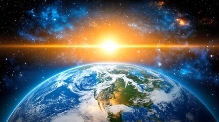The beautiful blue planet earth surrounded by outer space light