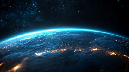 Poster - Blue and black planet with a starry sky. The planet appears to be a large, round object with a dark blue color. The sky is filled with stars, creating a sense of vastness and wonder