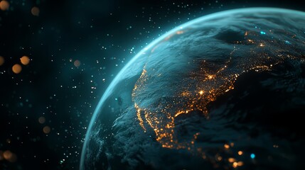 Poster - Blue and orange planet with a bright light shining on it. The planet is surrounded by a lot of stars and space debris