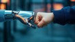 © Jay Koppelman - A humanoid robot AI agent hologram sharing knowledge with a human during the singularity symbolizing agentic autonomy and AGI technology in the future using superintelligence