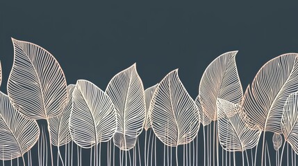 Poster - Blue background with a row of leaves in gold. The leaves are drawn in a very detailed and intricate way. Concept of nature and tranquility