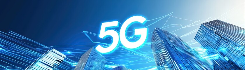 Poster - Futuristic 5G Network Concept with Skyscrapers and Cityscapes in Close-Up View