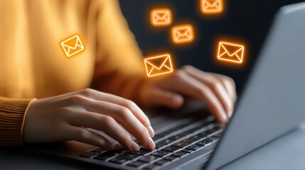 Poster - Close-Up on Hands Typing on Laptop with Email Icons Illustrating Business Communication Concept