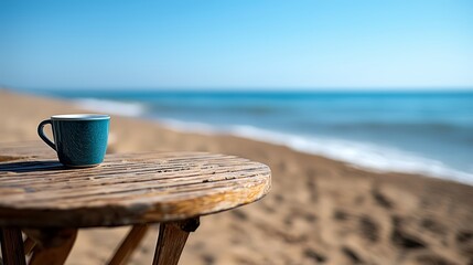 Aufkleber - Blue coffee cup sits on a wooden table on a beach. The ocean is in the background, and the scene is peaceful and relaxing