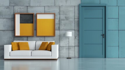 Aufkleber - Blue door with a black handle sits in front of a white couch. The couch is covered in yellow pillows and is placed in front of a wall with two paintings. The room has a modern and minimalist feel