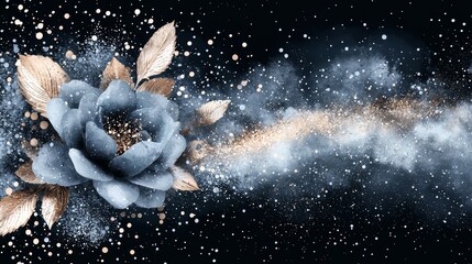 Aufkleber - Blue flower with gold leaves is surrounded by a cloud of glitter. The flower is the main focus of the image, and the glitter adds a sense of magic and wonder to the scene