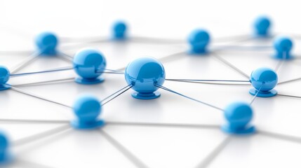 Poster - Blue sphere is surrounded by a network of blue spheres. Concept of interconnectedness and unity