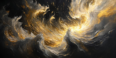the golden and silver waves of the sea, a large area of abstract art with gold metal lines on a blac