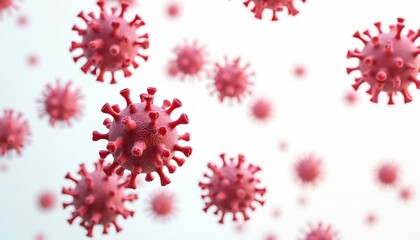 Aufkleber - Numerous red virus bacteria organisms on transparent background. Microscopic view of coronavirus cells, viral disease, infection. Research of epidemic, immunity, medicine, microbiology, science.