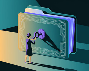 Leinwandbilder - Stylized illustration of a woman inserting a key into a large digital folder, symbolizing data access or security,  representing technological access and privacy