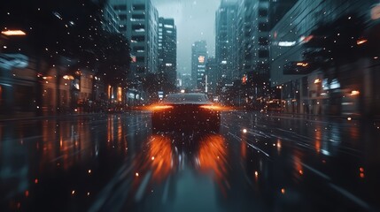 Aufkleber - Blurry image of a car driving down a wet street with snow falling. The car is orange and black, and it is speeding. Scene is intense and action-packed