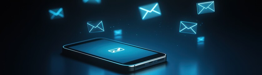 Poster - Modern smartphone screen displaying glowing inbox notifications and floating email icons