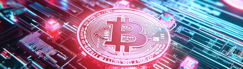 Poster - Bitcoin Cryptocurrency Concept on Digital Circuit Board Background with Neon Effects