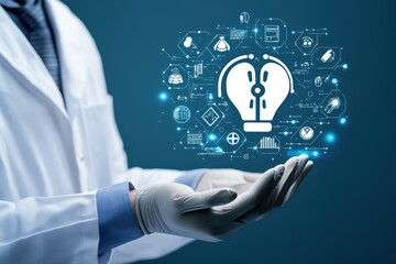 Poster - medical innovation concept with scientist in lab showcasing ideas and technology for research