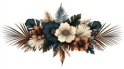 Poster - Bouquet of flowers with leaves and stems. The flowers are blue and white. The leaves are brown