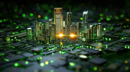 Fototapete - Smart City on a Circuit Board: A Futuristic Metropolis