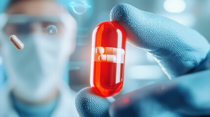Poster - researcher holding a transparent capsule with digital elements in pharmaceutical business concept
