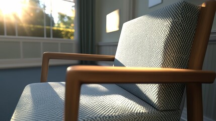 Aufkleber - Chair with a blue and white checkered pattern is sitting in a room with sunlight streaming in through a window