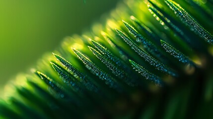 Poster - Close up of a green leaf with droplets of water on it. The leaf is surrounded by a green background, and the water droplets are scattered throughout the leaf, giving it a fresh