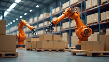 Aufkleber - AI powered robotic arms stack boxes onto pallets in smart warehouse. Automated system manages storage products. Orange robots transform manufacturing industry, futuristic logistic, distribution.