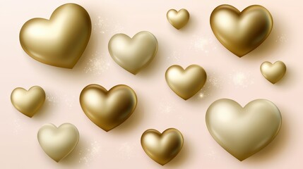 Aufkleber - Collection of gold hearts are arranged in a pattern on a white background. The hearts are of various sizes and are scattered throughout the image. Scene is one of warmth and affection