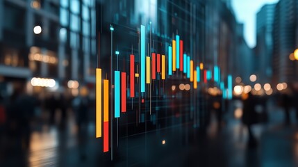 Poster - Colorful graph of stock market trends is displayed on a screen in a city. The image captures the hustle and bustle of a busy urban environment, with people walking and going about their daily lives
