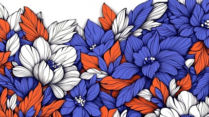 Poster - Colorful flower arrangement with blue, white, and orange flowers. The flowers are arranged in a way that creates a sense of movement and depth. The colors of the flowers are vibrant and eye-catching