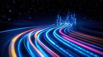 Aufkleber - Colorful highway with neon lights and stars in the background. The lights and stars give the impression of a futuristic cityscape