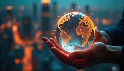 Poster - Global business network growth. Data analysis of finance, banking. Stock, AI tech, data connection, security, blockchain networking. Business strategy. Hands holding glowing earth with bokeh city