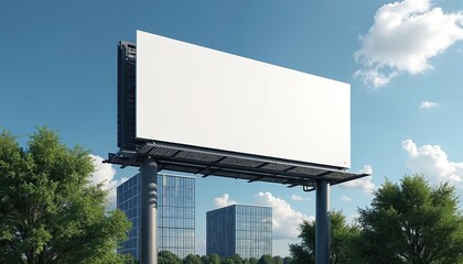 Poster - Billboard mock-up with blank white screen for advertising. Modern office building, green trees, blue sky with clouds. Commercial advertisement, marketing content presentation. Urban street large