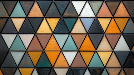 Fototapete - Colorful mosaic of triangles and squares. The colors are bright and bold, creating a sense of energy and excitement. The pattern is intricate and complex, suggesting a sense of depth and complexity