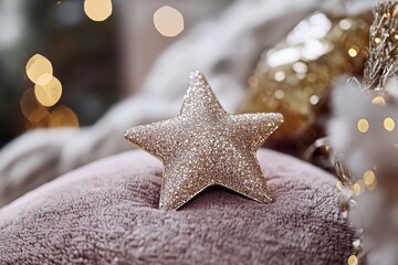 Poster - Sparkling gold star resting on a plush pillow, surrounded by soft, blurred lights, creating a warm, festive and dreamy holiday ambiance and feeling.
