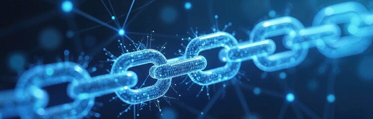 Poster - Digital blockchain close-up. Neon blue glowing links, connecting lines represent tech, secure data exchange. Future contract privacy in cyberspace. Transparent asset mining, ledger system network,