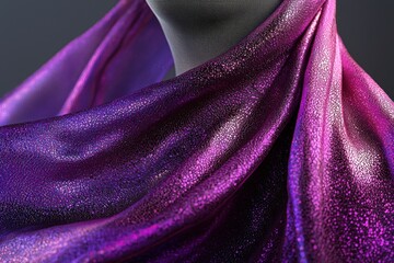 Poster - Iridescent purple fabric with a textured surface draped on a mannequin, showcasing vibrant color gradients and dynamic folds in a studio setting, unique textile art.