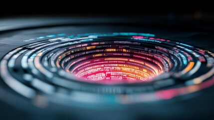 Fototapete - Colorful, glowing, and abstract design with a hole in the middle. The design is made up of many different colors and shapes, creating a sense of depth and movement